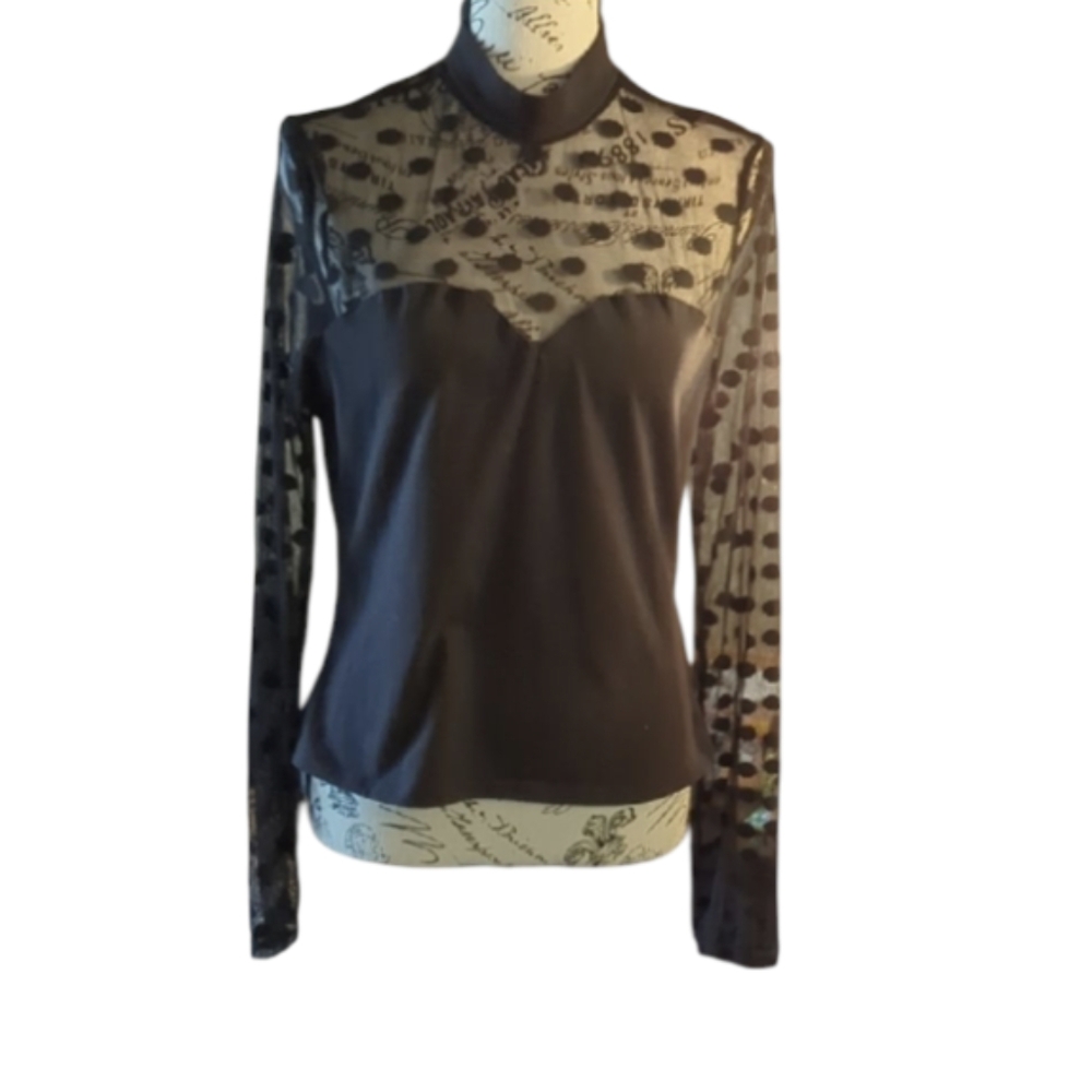 Size L Mesh Black Fitted Blouse with Mandarin Collar Like New